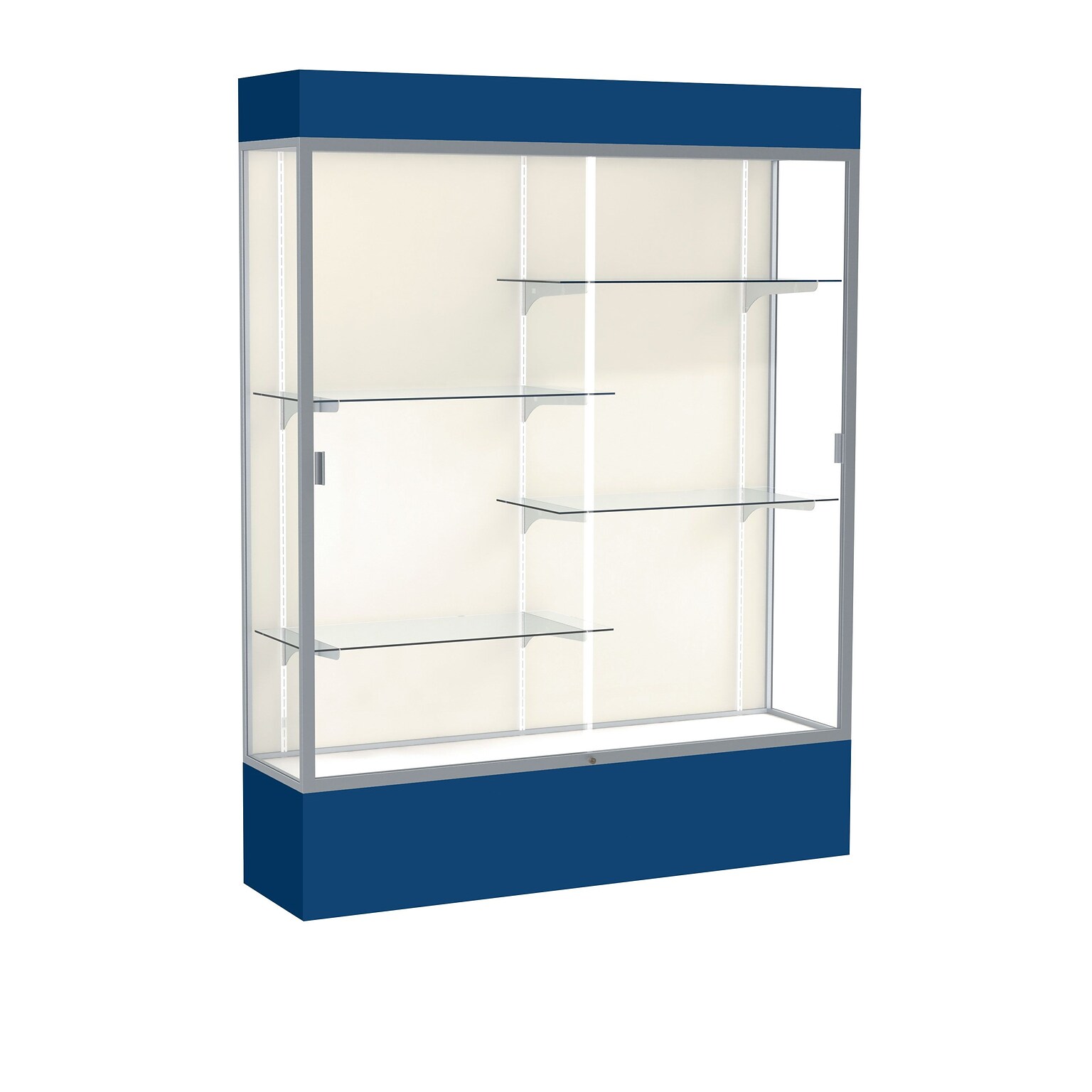Waddell Spirit Lighted Floor Case, 60W x 80H x 16D, Plaque Back, Satin Finish, Navy Base and Top (3175PB-SN-NY)