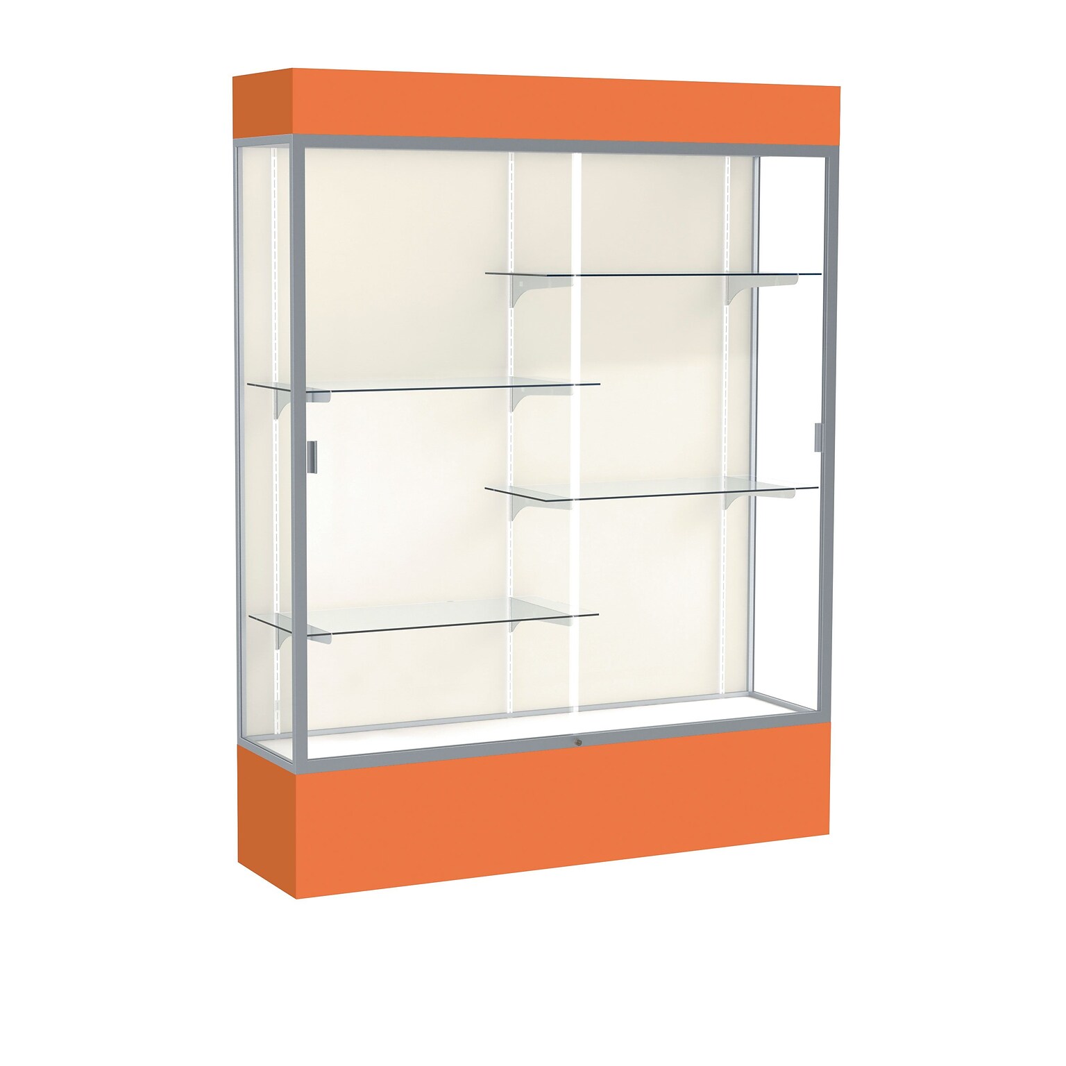 Ghent Spirit 60W x 80H x 16D Lighted Floor Case, Plaque Back, Satin Finish, Orange Base and Top (3175PB-SN-OR)