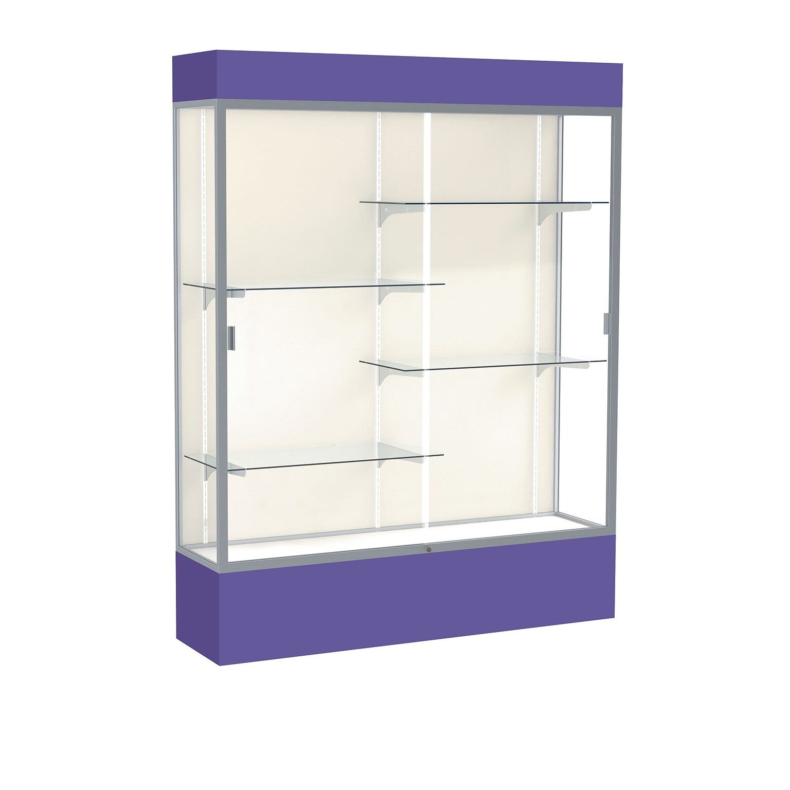 Ghent Spirit 60W x 80H x 16D Lighted Floor Case, Plaque Back, Satin Finish, Purple Base and Top (3175PB-SN-PE)
