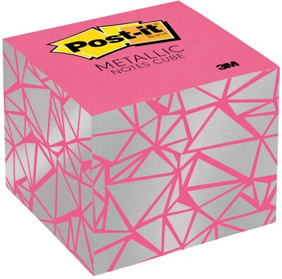 Post-it® Notes Cube, 3 in x 3 in, Pink with silver metallic geometric print, 400 Sheets/Cube