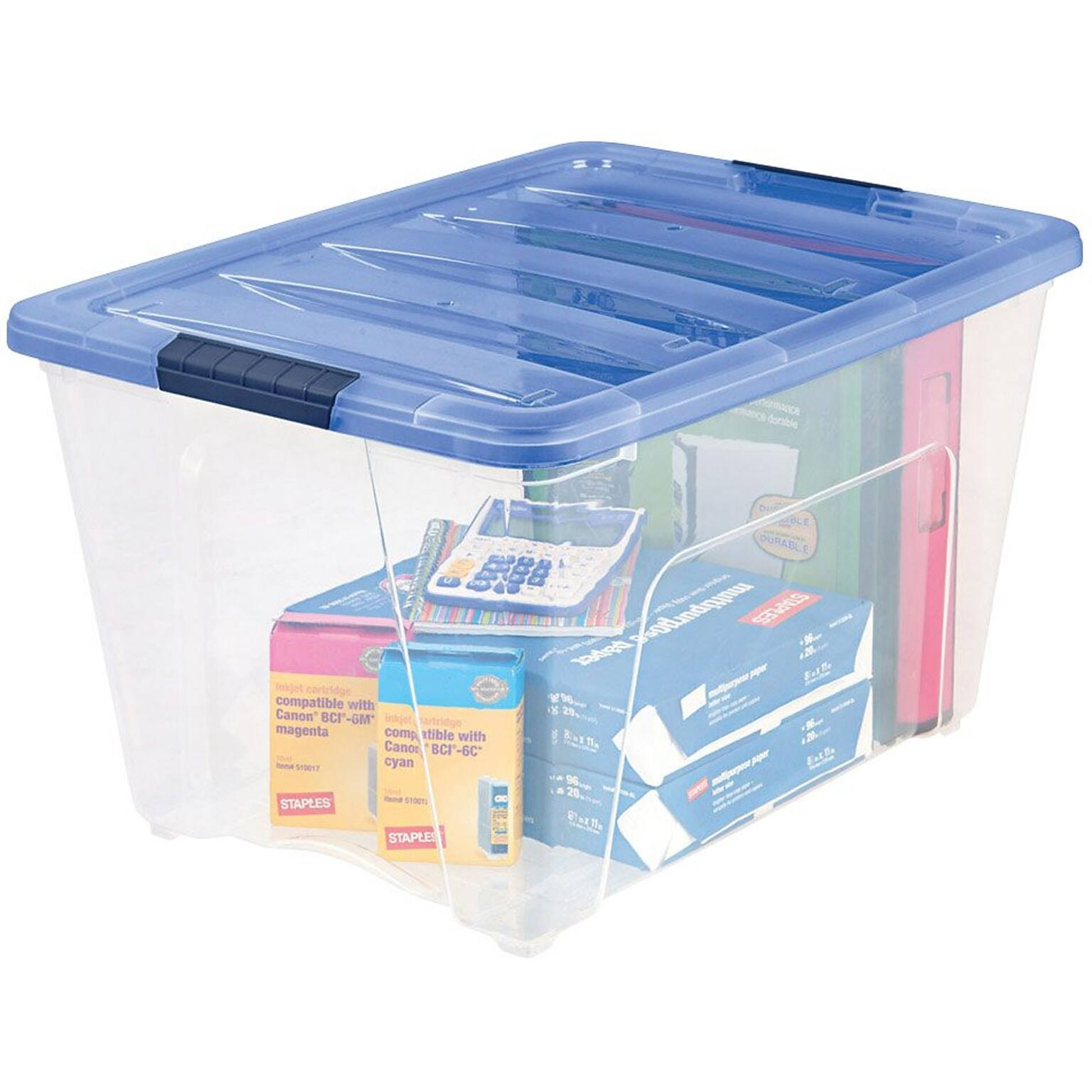 IRIS Stack & Pull 54 Qt. Latch Lid Storage Box, Clear and Blue, 6/CT (100242-CT)