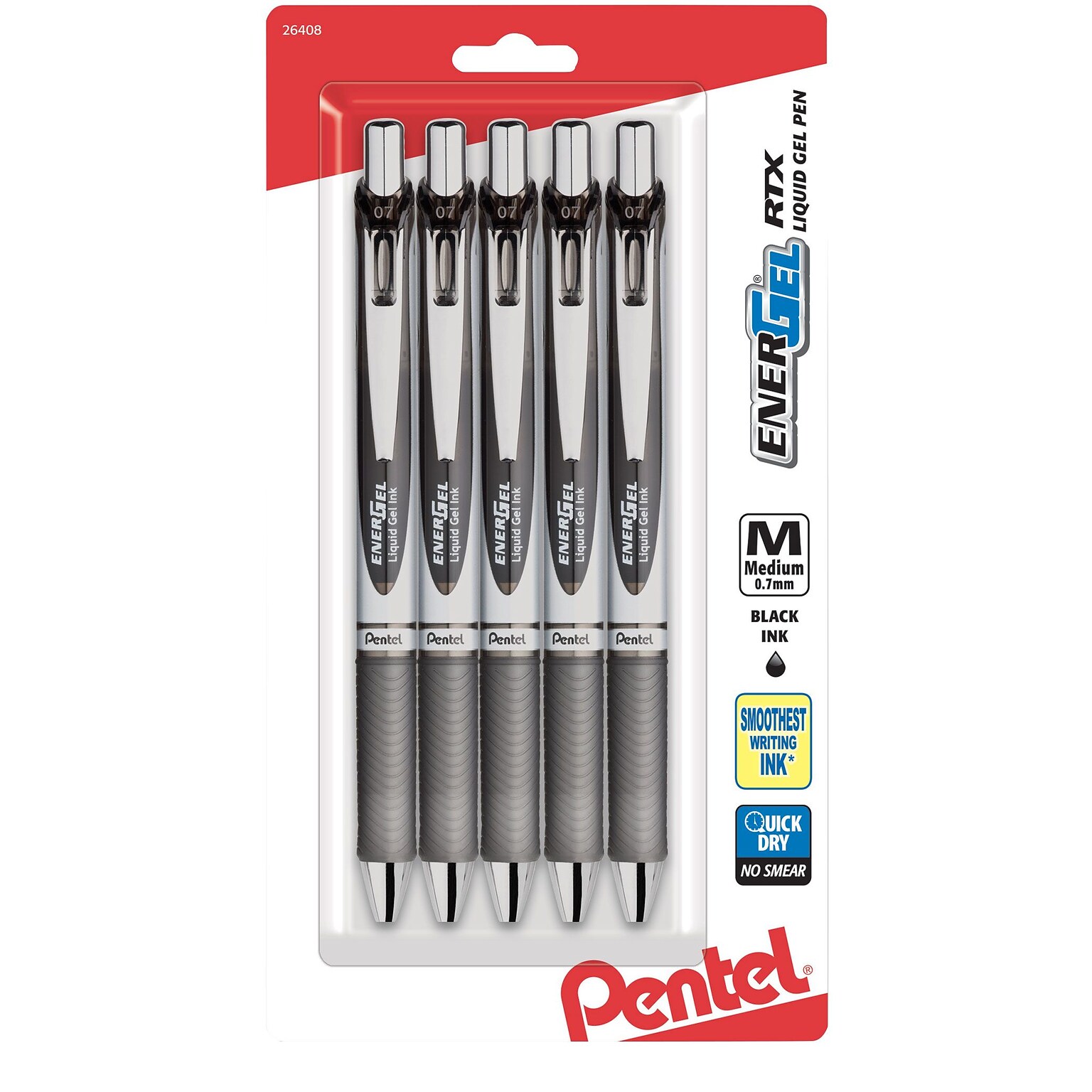 Pentel EnerGel RTX Retractable Gel Pens, Medium Point, 0.7mm, Black Ink, 5/Pack (BL77BP5A)