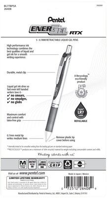 Pentel EnerGel RTX Retractable Gel Pens, Medium Point, 0.7mm, Black Ink, 5/Pack (BL77BP5A)