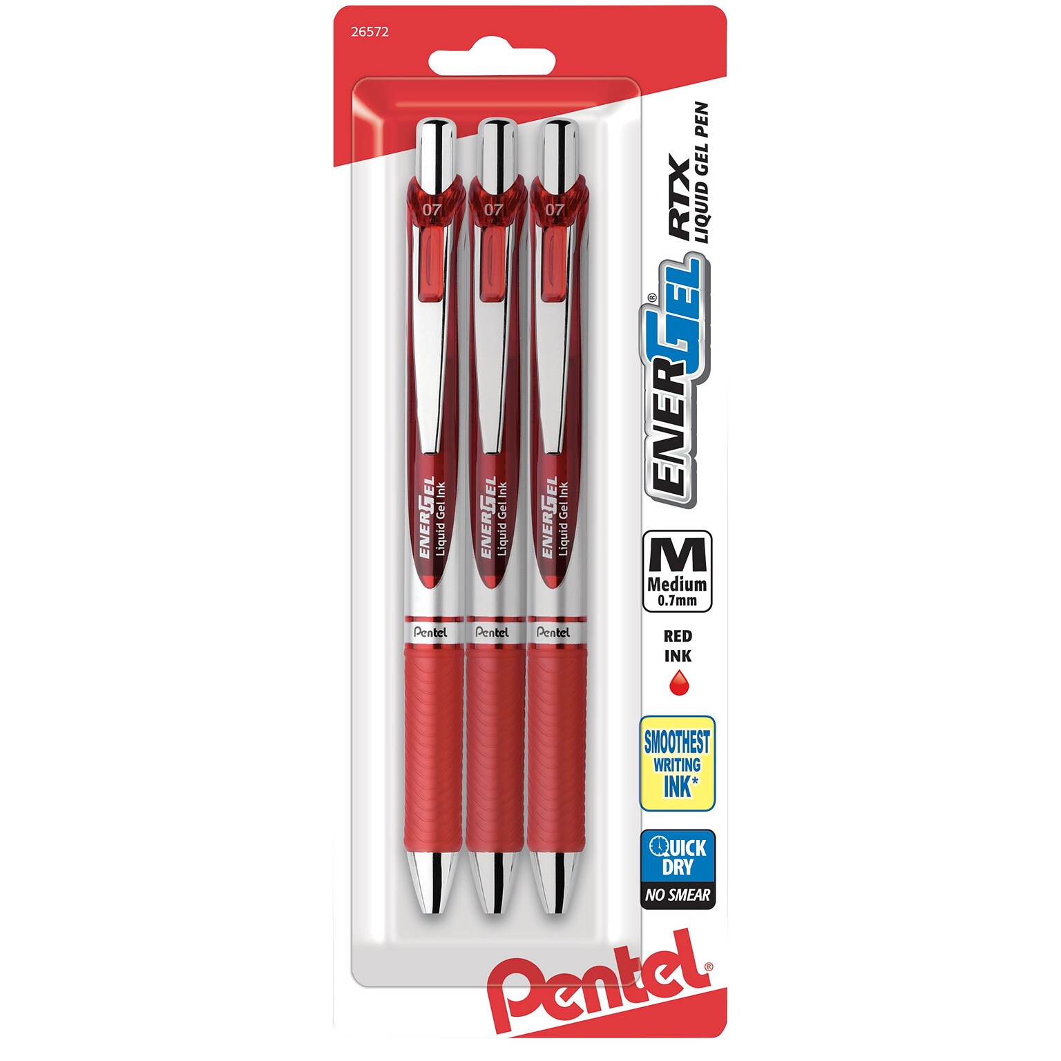 Pentel® EnerGel RTX Liquid Gel Pen, 0.7mm, Red, 3/Pack (BL77BP3B)