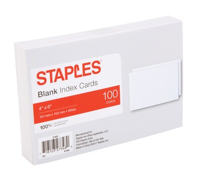 Staples Blank 4 x 6 Index Cards, White, 100/Pack (51003)