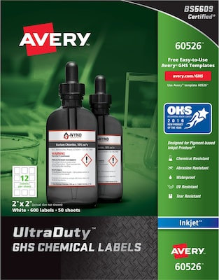 Avery UltraDuty GHS Labels for Pigment-Based Inkjet Printers, Waterproof, 2 x 2, 600/Box (60526)