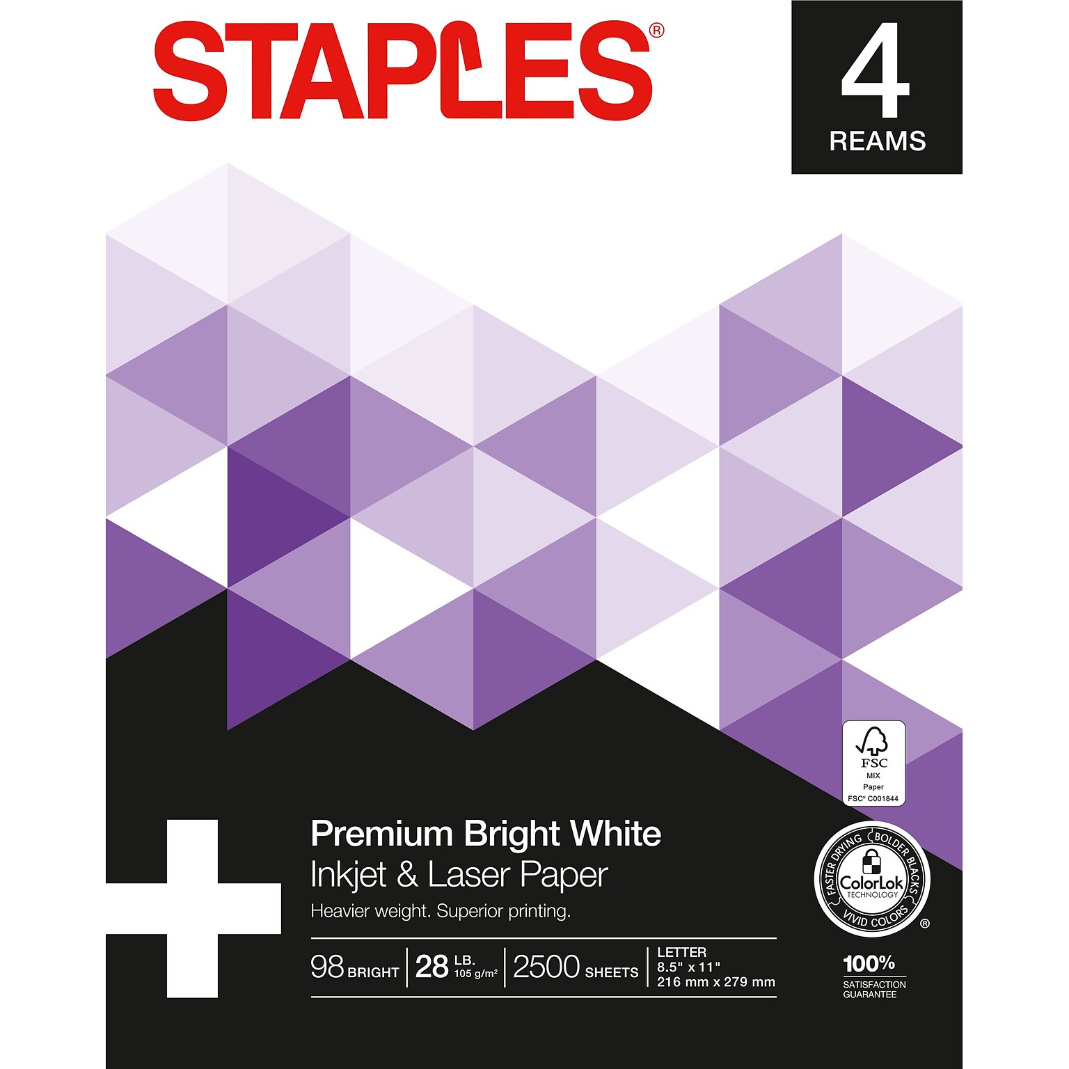 Staples Laser Paper, 8.5 x 11, 28 lbs., Bright White, 500 Sheets/Ream, 4 Reams/Carton (733331)