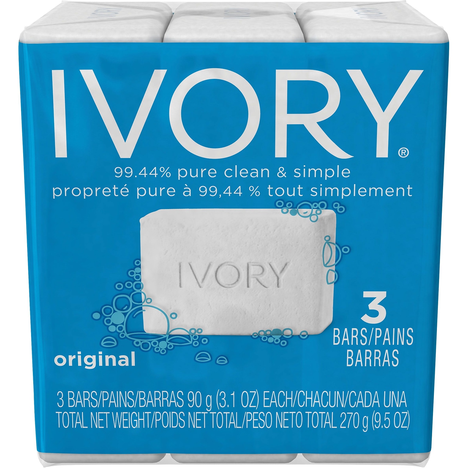 Ivory® Soap Bath Bar, 3.1 oz., 3 Bars/Pack, 24/Case (12364)