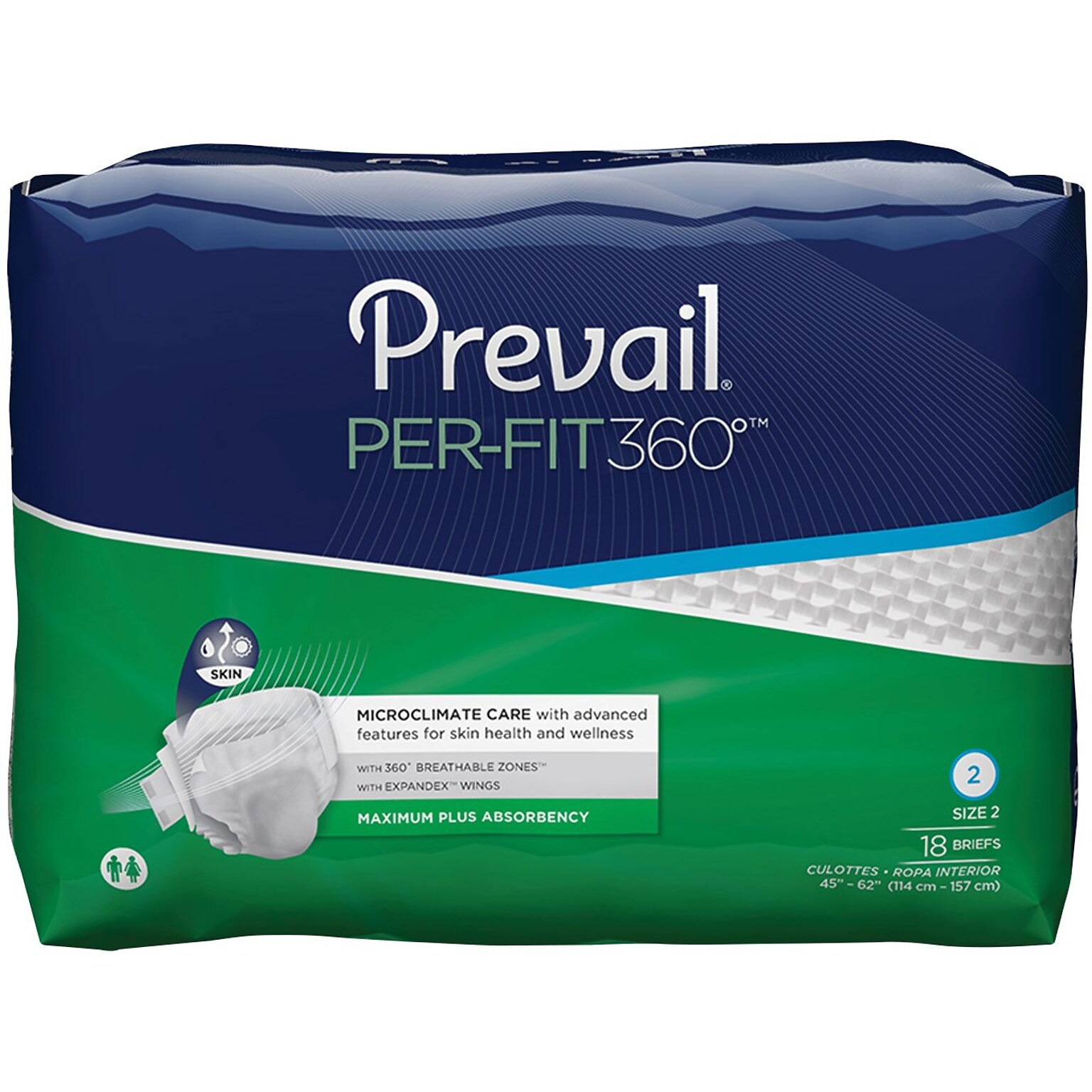 Prevail® Per-Fit 360™ Incontinence Briefs, Maximum Plus Absorbency, Size 2, 72/CT