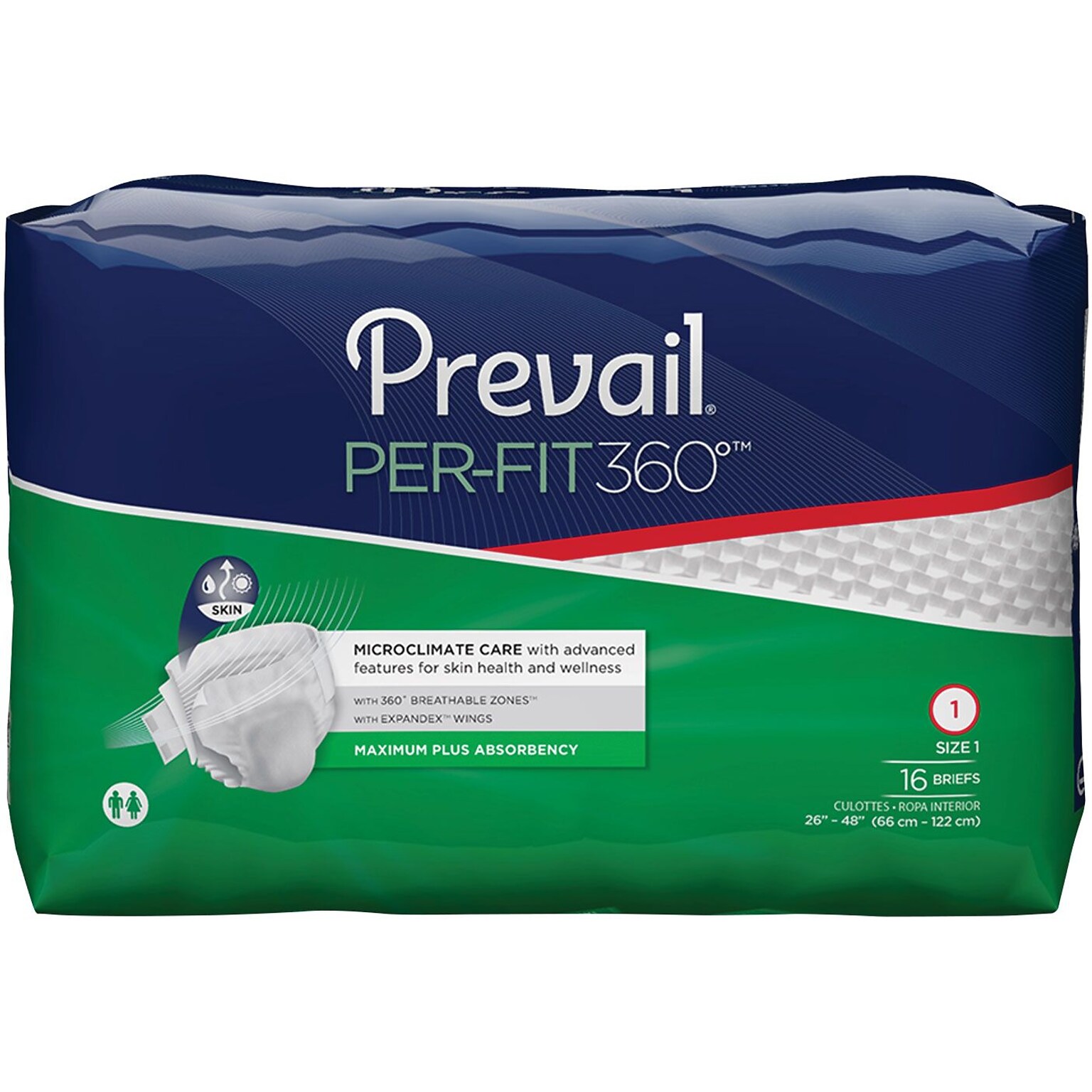 Prevail® Per-Fit 360™ Incontinence Briefs, Maximum Plus Absorbency, Size 1, 96/CT