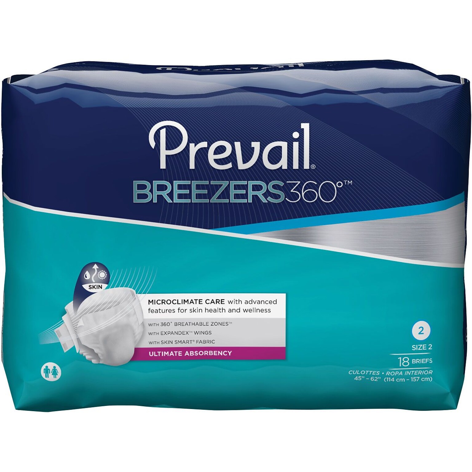 Prevail® Breezers360™ Incontinence Briefs, Ultimate Absorbency, Size 2, 72/CT