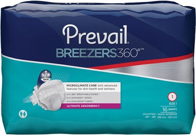 Prevail Breezers360 Incontinence Briefs, Ultimate Absorbency, Size 1, 96/Carton (PVBNG-012)