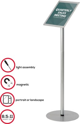 Deflecto Contemporary Literature Displays, 8-1/2x11" Floor Sign Stand w/ Back Pocket, Silver (692045)