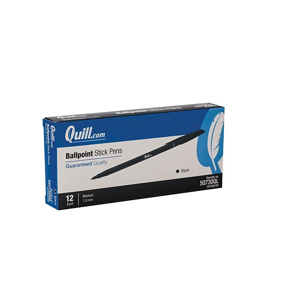 Quill Brand® Stick Pen, Ballpoint Pen, Medium Point, Black, Dozen