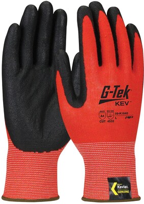 G-Tek KEV Gloves, Kevlar Engineered Yarn, Red 13 Gauge, Nitrile Foam, ANSI A4, Size Large