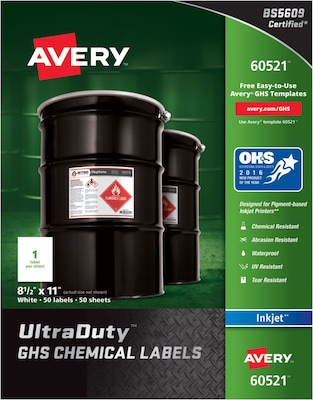 Avery UltraDuty GHS Chemical Labels for Pigment-Based Inkjet Printers, Waterproof, UV Resistant, 8-1