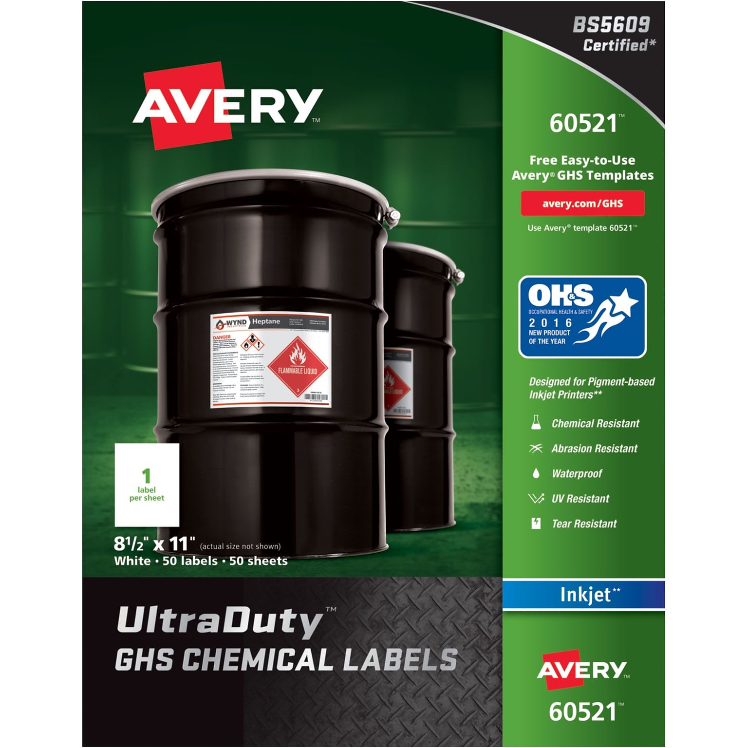 Avery UltraDuty GHS Chemical Labels for Pigment-Based Inkjet Printers, Waterproof, UV Resistant, 8-1/2 x 11, Box of 50 (60521)