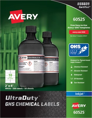 Avery UltraDuty GHS Chemical Labels for Pigment-Based Inkjet Printers, Waterproof, UV Resistant, 2 x 4, Box of 500 (60525)