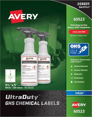 Avery UltraDuty GHS Chemical Labels for Pigment-Based Inkjet Printers, Waterproof, UV Resistant, 3-1/2 x 5, Box of 200 (60523)