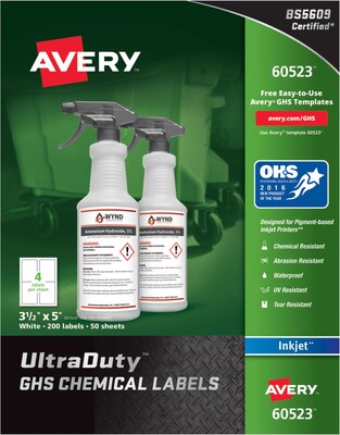 Avery UltraDuty GHS Chemical Labels for Pigment-Based Inkjet Printers, Waterproof, UV Resistant, 3-1/2 x 5, Box of 200 (60523)