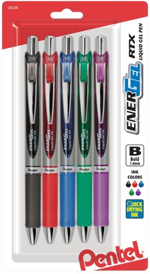 Pentel EnerGel RTX Gel Pens, Bold Point, Assorted Ink, 5/Pack (BL80BP5M)