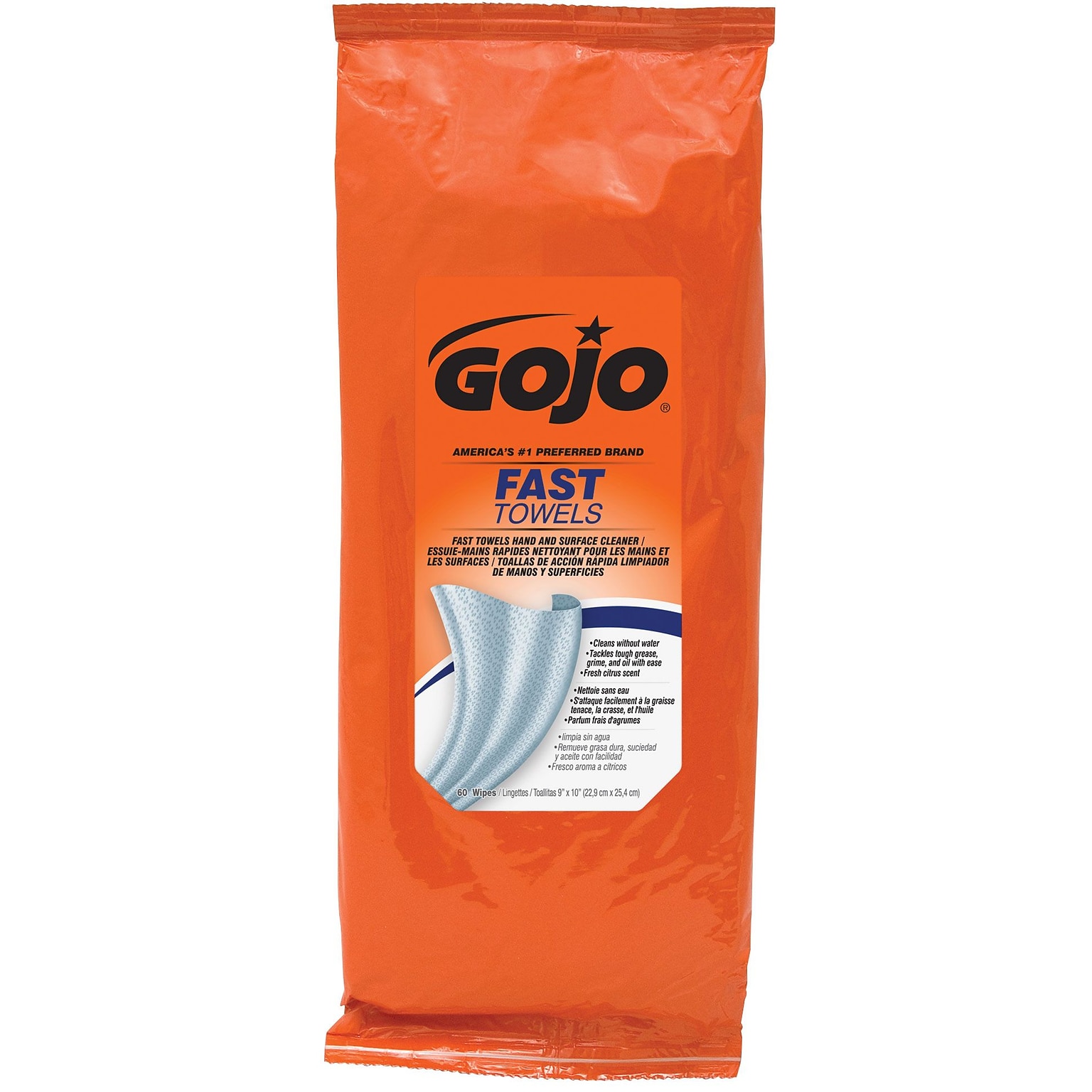 GOJO Fast Wipes Hand-Cleaning Towels Resealable Packet, Orange Scent, 60 Wipes, 6/Ct (6285-06)