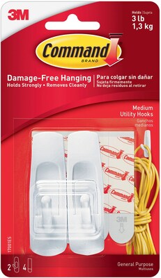 Command Medium Utility Hooks, 2 Hooks, 4 White Adhesive Strips, Damage Free Hanging Picture Hangers, No Tools Wall Hanging Strips For Living Spaces
