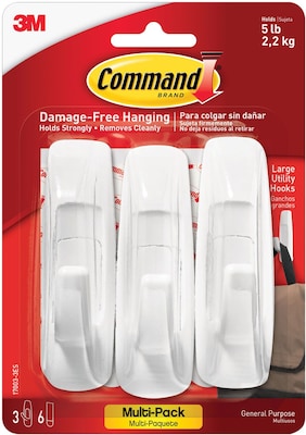 Command® Large Utility Hooks, 3 Hooks, 6 White Adhesive Strips, Damage Free Hanging Picture Hangers, No Tools Wall Hanging for Back to School