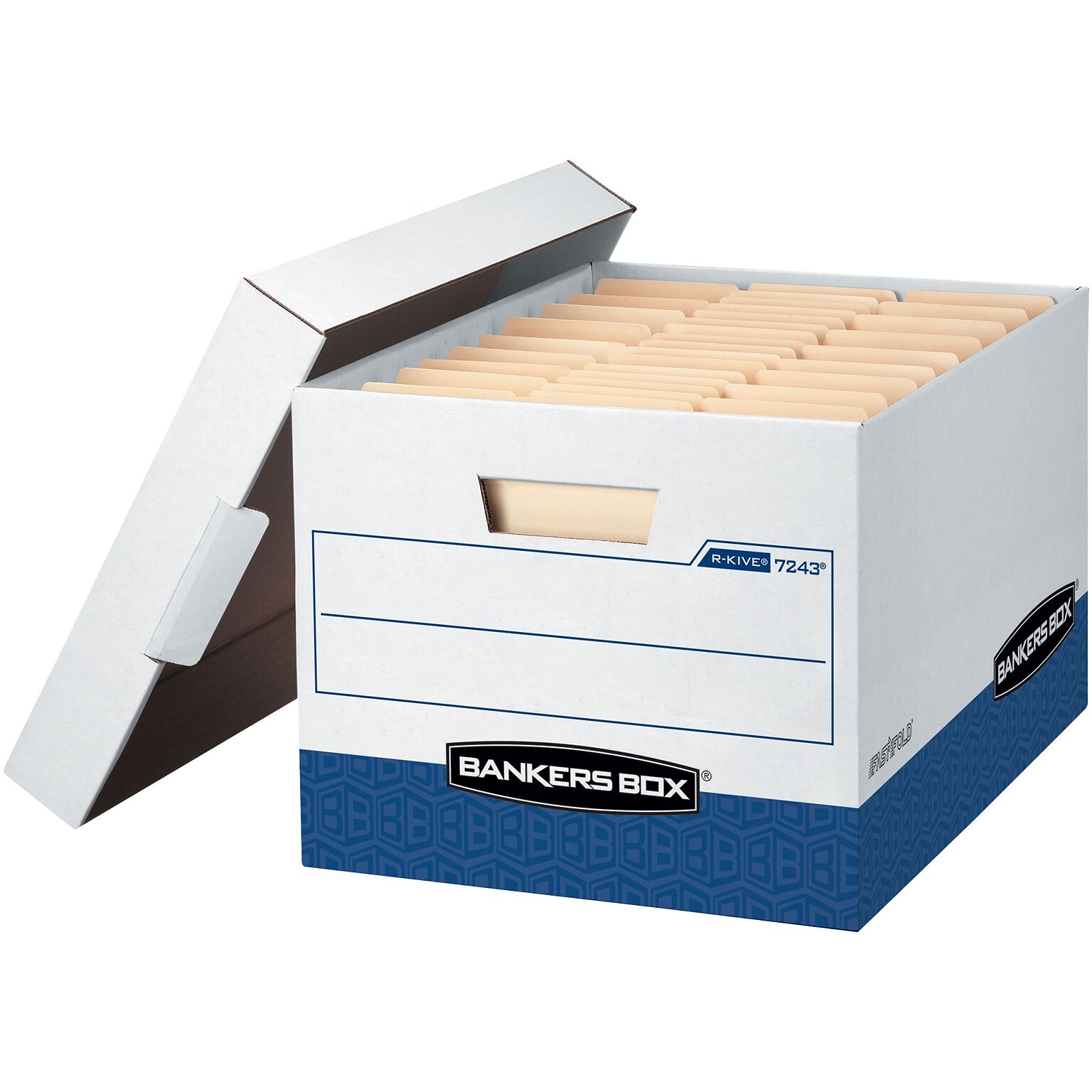 Bankers Box R-Kive Heavy Duty 60% Recycled FastFold Corrugated File Box Lift Off Lid, Letter/Legal Size, White/Blue, 20/Carton
