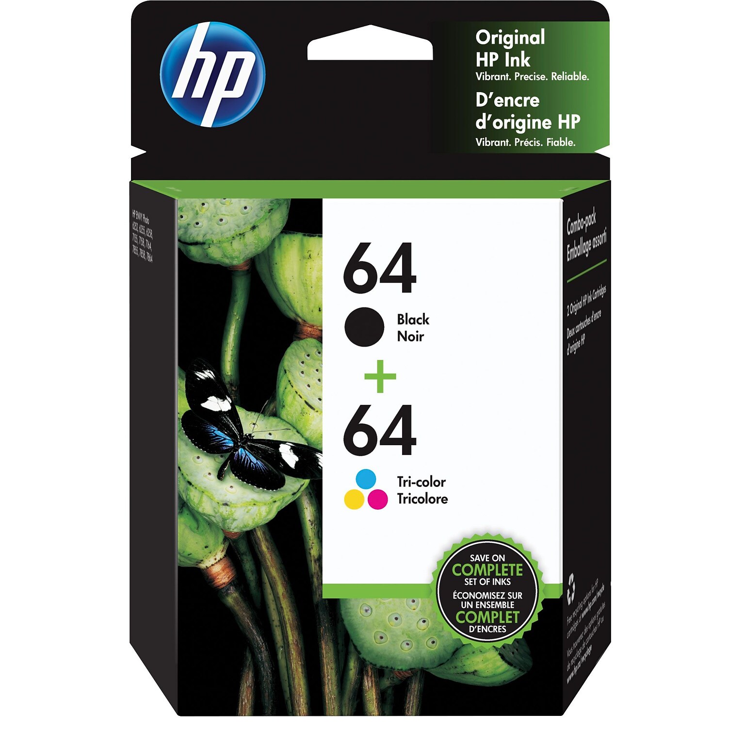 HP 64 Black/Tri-Color Standard Yield Ink Cartridge, 2/Pack (X4D92AN#140)