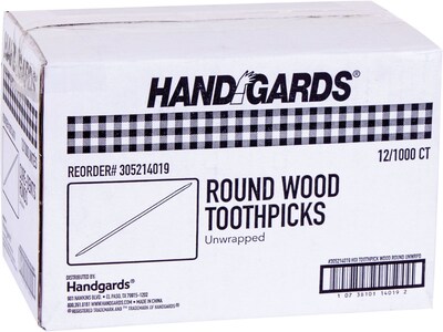 Handgards® Toothpicks Round Wood Unwrapped 12,000/CT (431409)