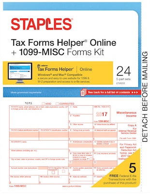 Staples 2017 Tax Forms, 1099-Misc IJ/L Frms and TFH Online 24-pk