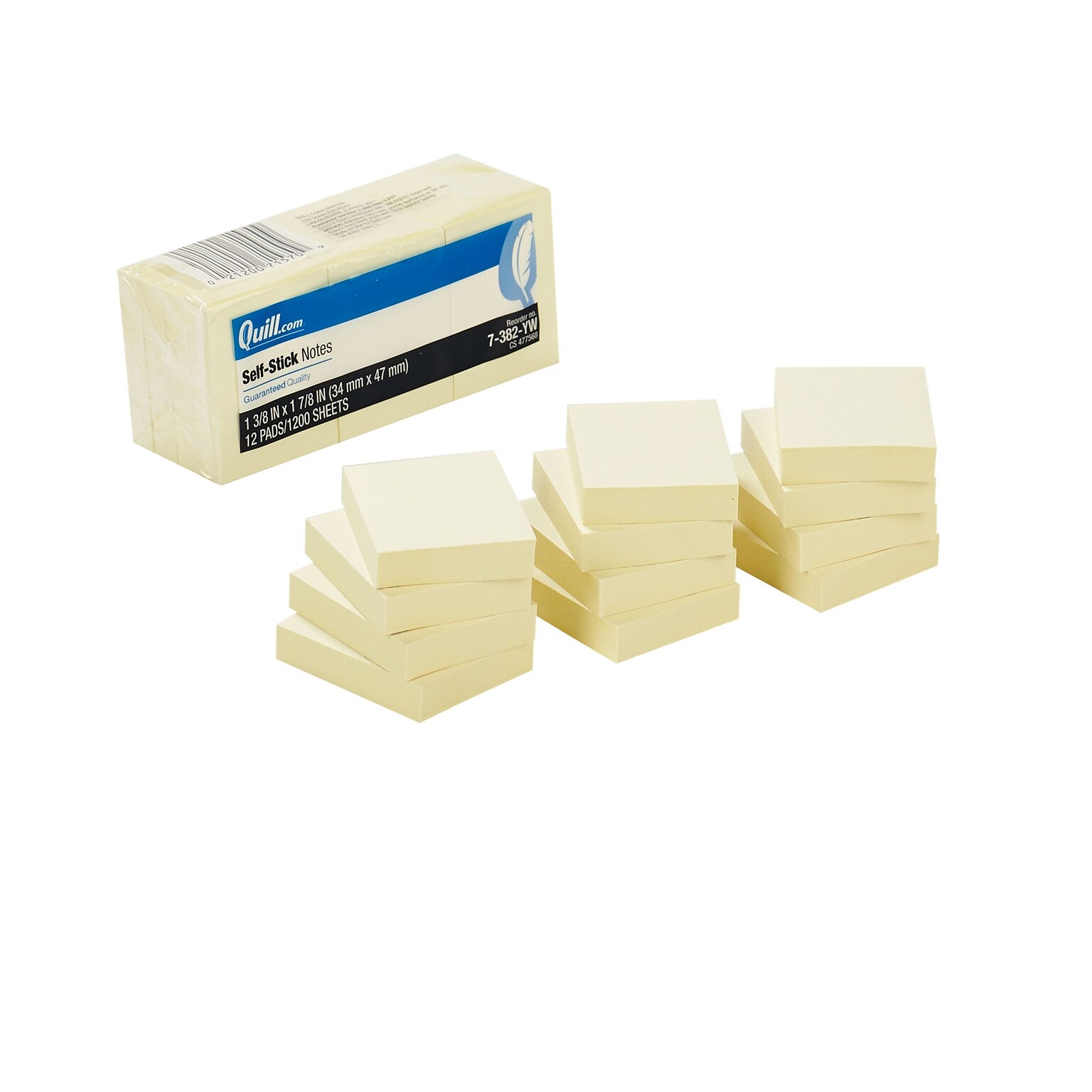 Quill Brand® Self-Stick Notes, 1 3/8 x 1 7/8, Yellow, 100 Sheets/Pad, 12 Pads/Pack (7382YW)