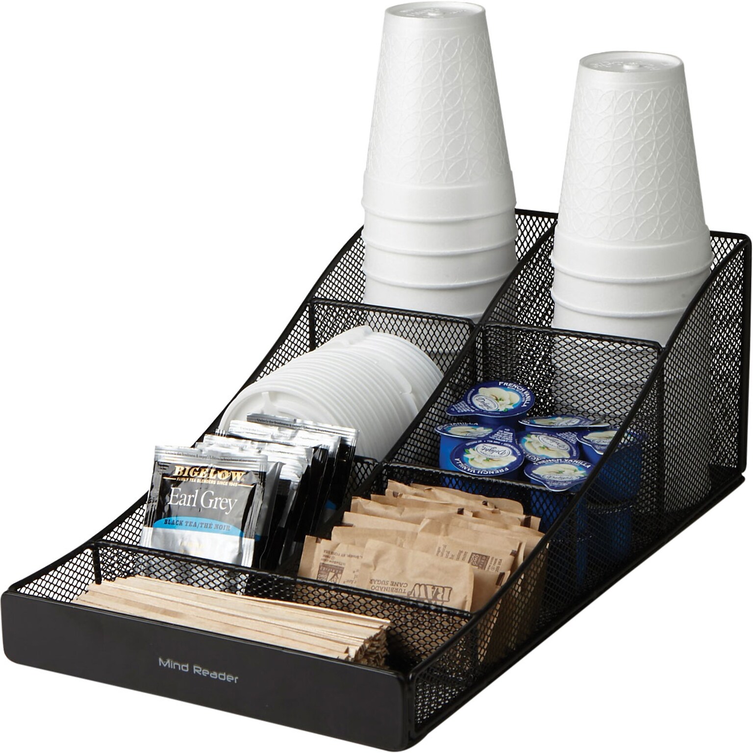 Mind Reader  Trove 7 Compartment Tea/Coffee Condiment Organizer, Black Metal Mesh (COMP7MESH-BLK)