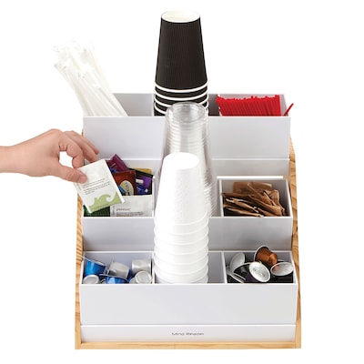 Mind Reader 9 Compartment Condiment Organizer with Acrylic Drawers and Wood Base, White (COMP9WD-WHT)