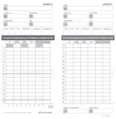 uPunch Time Cards for HN4000 Time Clock, 50 per pack (HNTCL2050)