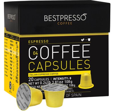 Bestpresso® Compatible Nespresso® Pods, Espresso Blend, Light Intensity, 20 Capsules per Box (BST104