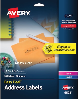 Avery Glossy Clear Easy Peel Address Labels, 1 x 2-5/8, Pack of 300 (06521)