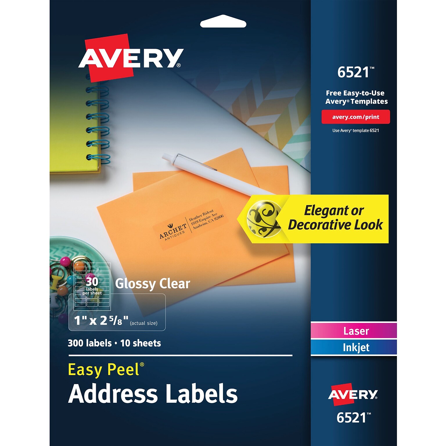 Avery Glossy Clear Easy Peel Address Labels, 1 x 2-5/8, Pack of 300 (06521)