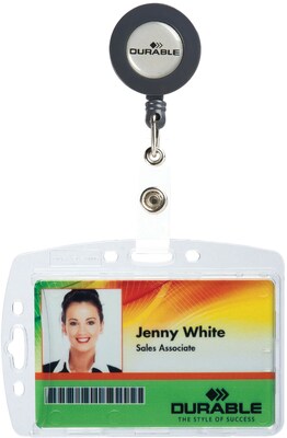 Durable Single Closed ID Card Holder with Badge Reel, Black, 32" Length, 10/Bx