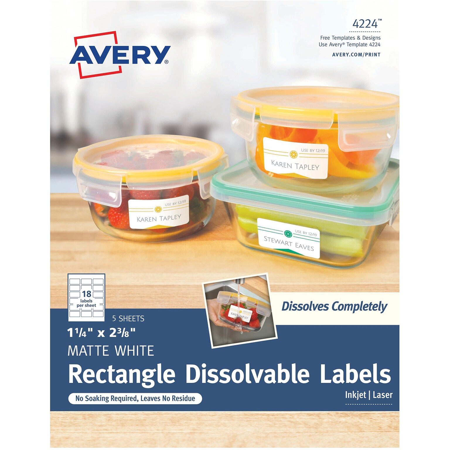 Avery Dissolvable Rectangle Labels, 1-1/4 x 2-3/8, White, Pack of 90 (4224)