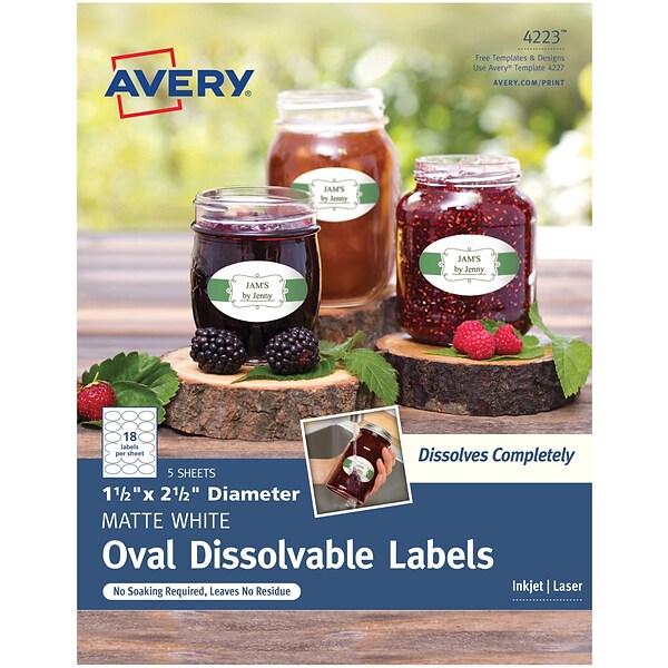 Avery Dissolvable Oval Labels, 1-1/2 x 2-1/2, White, Pack of 90 (4223)