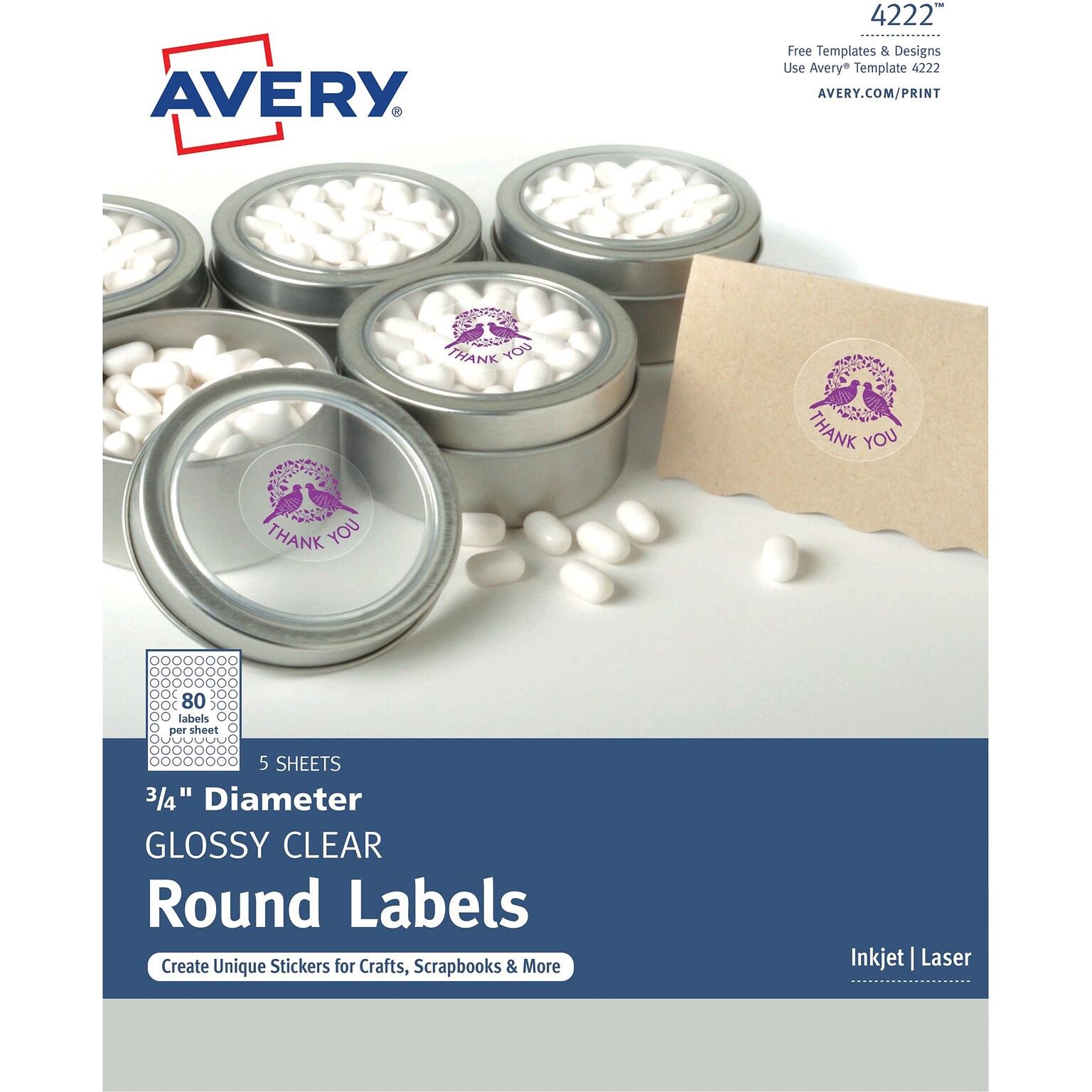 Avery Glossy Clear Print-to-the-Edge Round Labels, 3/4 Diameter, Pack of 400 (4222)