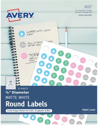 Avery Matte White Print-to-the-Edge Round Labels, 3/4 Diameter, Pack of 800 (4221)