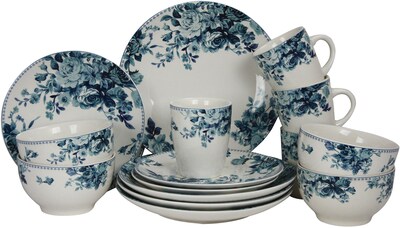 Elama Traditional Blue Rose 16-Piece Stoneware Dinnerware Set (94396924M)