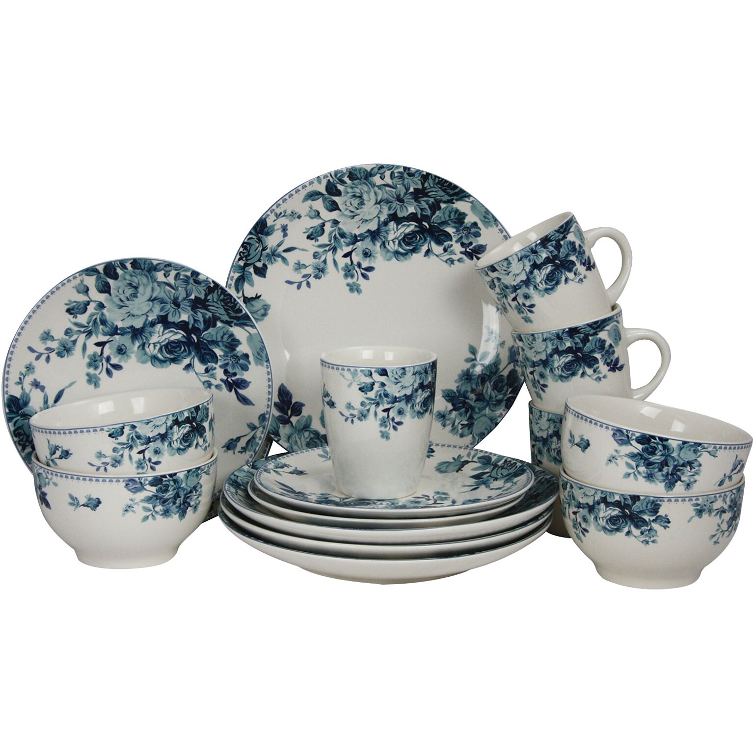 Elama Traditional Blue Rose 16-Piece Stoneware Dinnerware Set (94396924M)