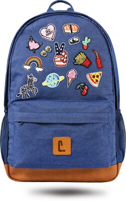 Staples Dalton 18 Backpack, Denim with Patches, 5.51W x 17.71H x 11.81D (52412)