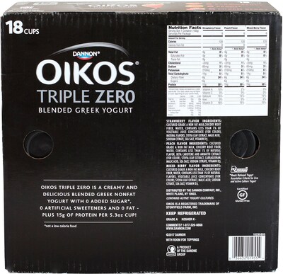 Dannon Oikos Triple Zero Blended Greek Nonfat Yogurt Variety Pack, 5.3 Oz., 18/Pack  (902-00027)