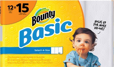 Bounty® Basic Select-A-Size™ Paper Towels, White, 1-Ply, 89 Sheets/Roll, 12 Large Rolls = 15 Regular Rolls