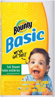Bounty Basic Full Sheet Kitchen Rolls Paper Towel, 1-Ply, 44 Sheets/Roll, 30 Rolls/Carton (92976)